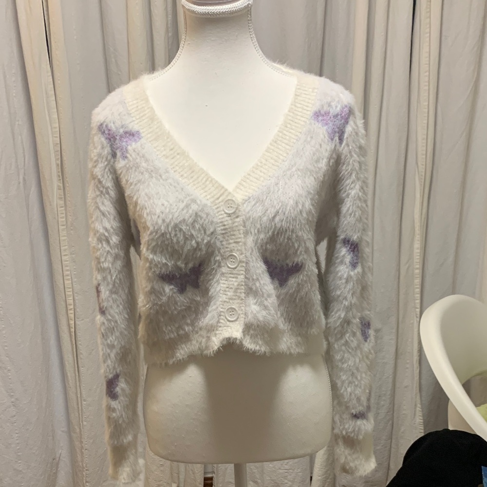 SHEIN Fuzzy White and Purple Cardigan